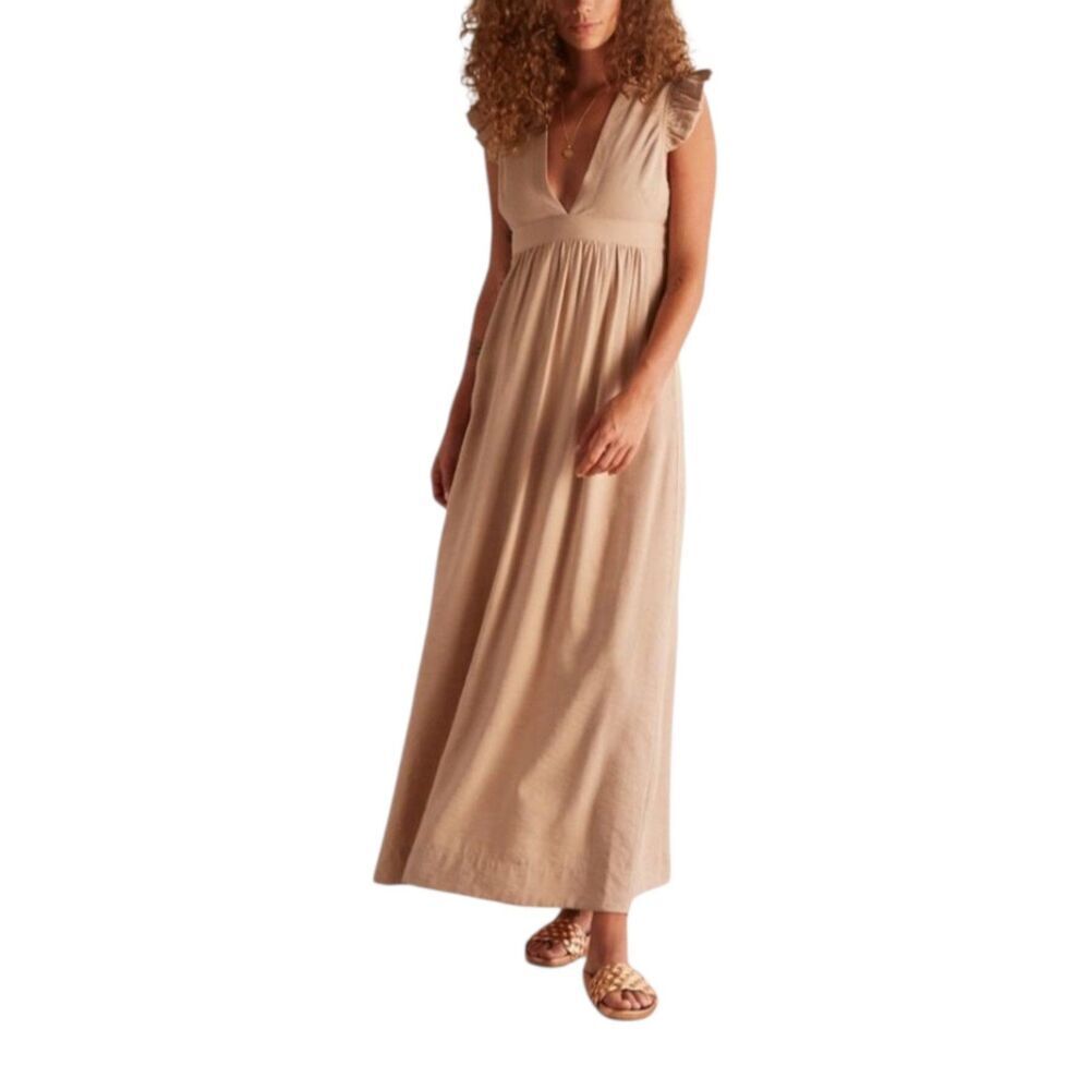 The Odells Beige Flutter Sleeve Maxi Rayon Blend Dress S